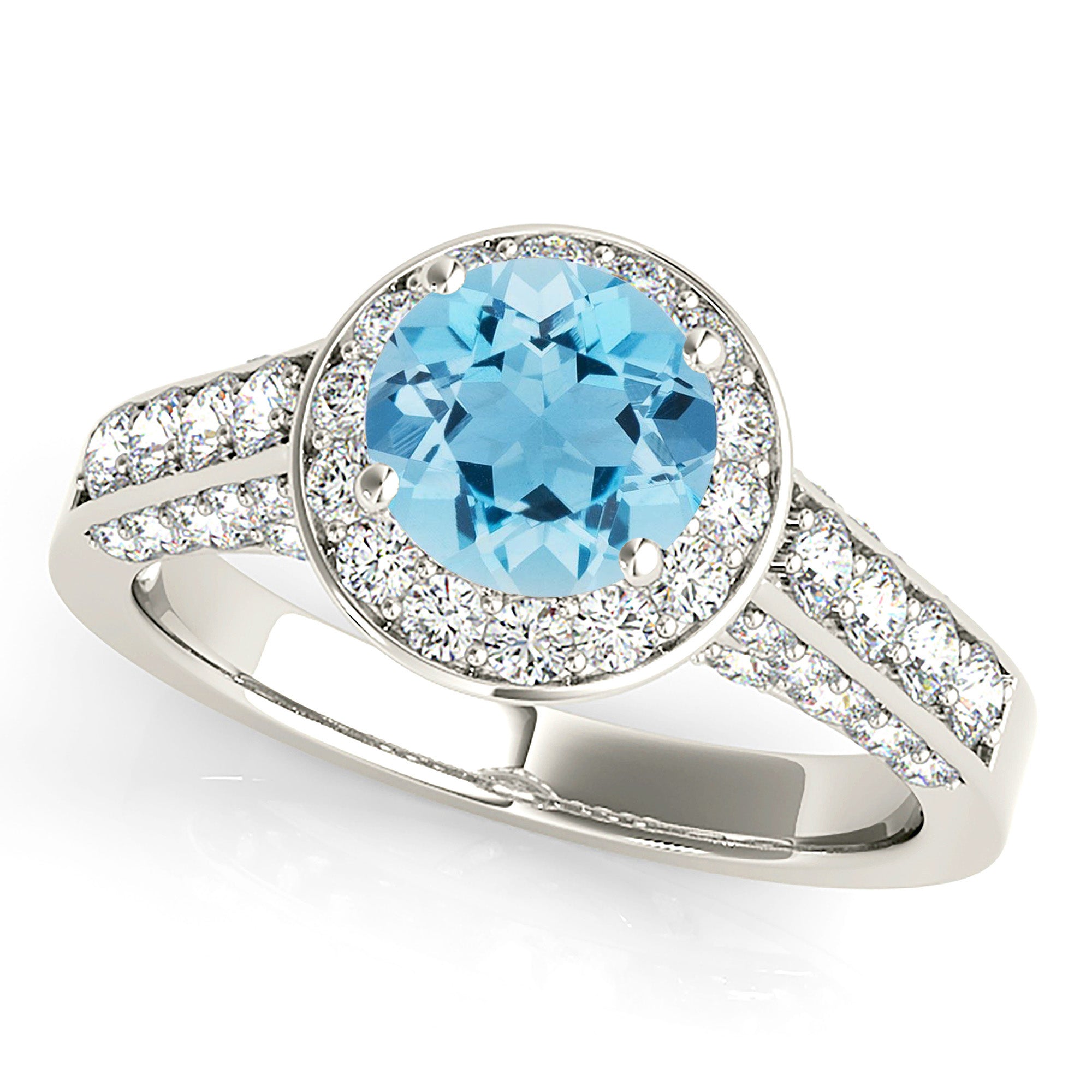 1.10 ct. Genuine Aquamarine Ring With 0.75 ctw. Diamond Halo And 3D diamond Band | Round Blue Aquamarine Halo Ring-VIRABYANI